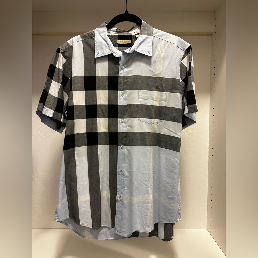 Burberry Men’s blue plaid short sleeve dress shirt